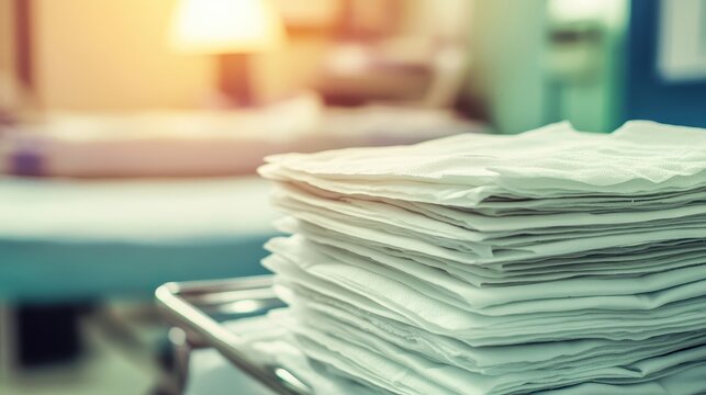 A neatly stacked pile of white sterile gauze pads and medical tape in a healthcare setting