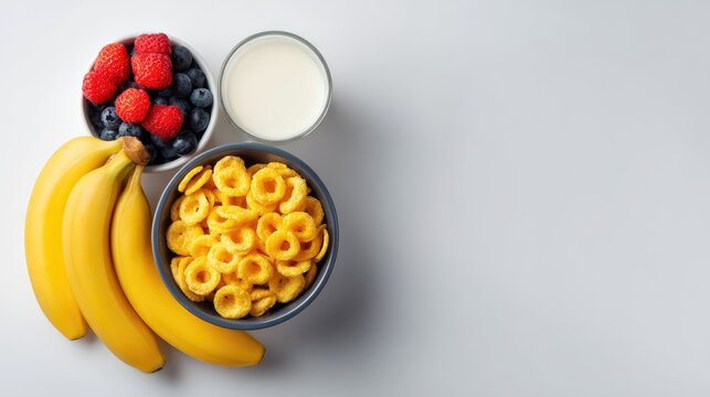 Colorful and Nutritious Breakfast Setup with Fruits, Cereal, Milk, Bananas, Berries, and Healthy Eating Concept on Light Background