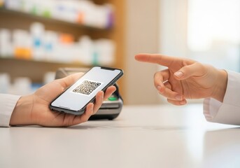 Customer paying at pharmacy counter using QR code on smartphone. Hands only, clean interior, soft light and copy space for healthcare retail, fintech, and digital payment marketing