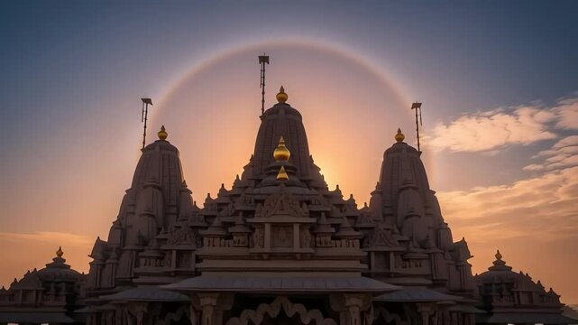 Cinematic sunrise video of Dwarkadhish Temple illuminated by warm golden morning light. Wide architectural view and gentle camera motion highlight sacred details, spiritual atmosphere