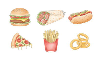 Minimal fast food watercolor vector icon set isolated on transparent background