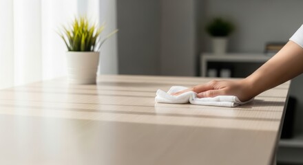 Hand cleaning a simple desk with cloth in soft light. Concept of reset, fresh start, organization, and clean workspace with strong copy space