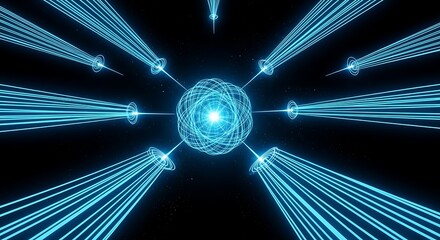 Futuristic data network with blue light rays connecting a central hub.
