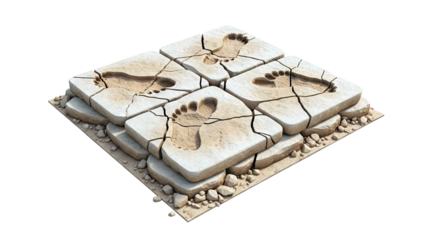 Cracked Stone Blocks with Ancient Footprints