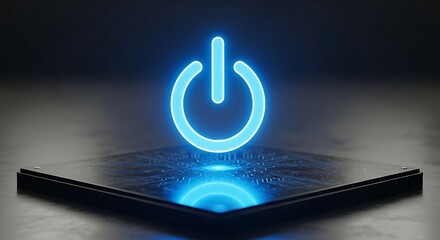 Digital power control interface neon blue on/off symbol above reflective tech device.