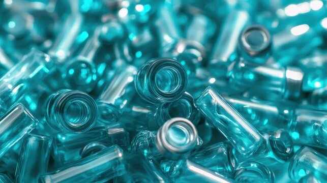 A vibrant pile of bright blue transparent laboratory vials in a close up view