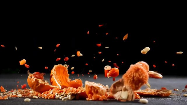 High speed slow motion footage of a Halloween pumpkin smashing into pieces.
