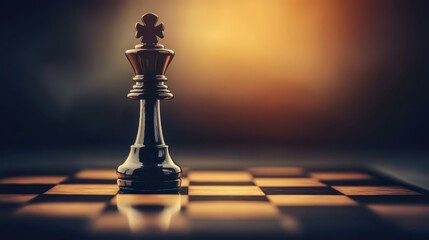 A single dark obsidian chess king stands majestically on a polished chessboard bathed in warm light creating dramatic shadows