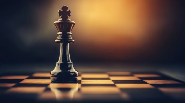 A single dark obsidian chess king stands majestically on a polished chessboard bathed in warm light creating dramatic shadows