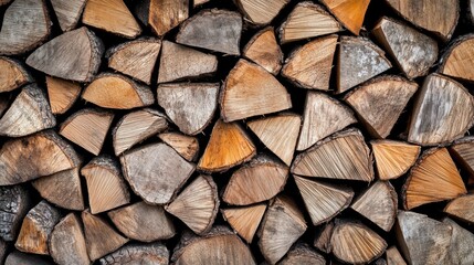 Fototapeta premium A textured background of neatly stacked unlit firewood logs with rough wood grain