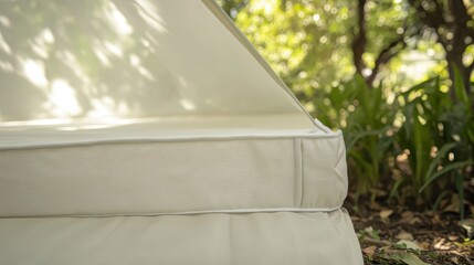 Fototapeta premium Close up detail of white fabric tent with reinforced seams in outdoor setting with green foliage and sunlight