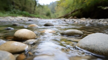 Clear shallow river water flows over smooth sun baked stones with green trees in the background