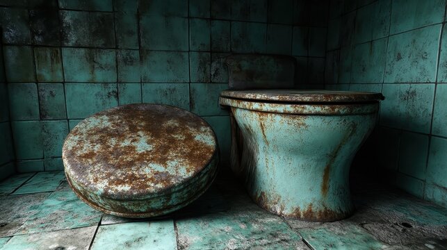An old rusty toilet with its lid slightly ajar sits in a decaying weathered bathroom environment