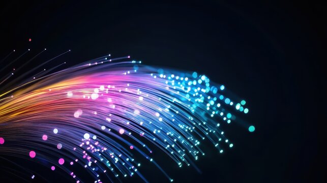 An intricate network of glowing fiber optic cables in shades of blue purple and pink symbolizing data transmission and digital connection