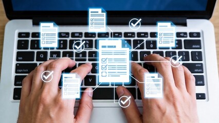 Hands typing on laptop keyboard with digital icons