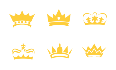 set of 6 gold king crowns on white background