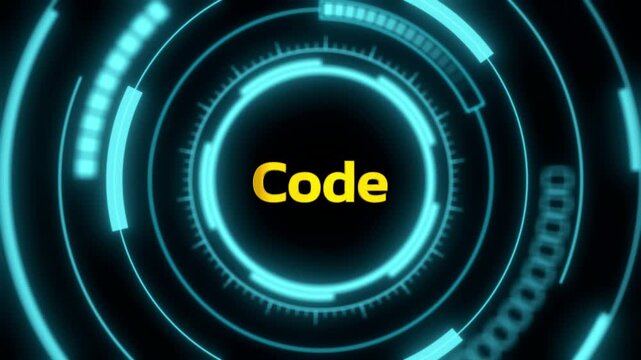Digital heads up display interface showing the word code surrounded by glowing blue concentric circles