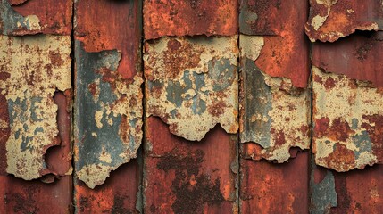 Close up of cracked and peeling paint on a weathered corrugated metal surface showing rust and texture