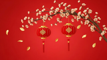 Obraz premium Two red chinese lanterns hang from a flowering branch with gold leaves asian decoration