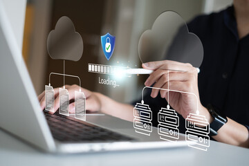 Person using cloud data online information backup storage server database transfer download upload with high protection security safety, digital cybersecurity technology concept