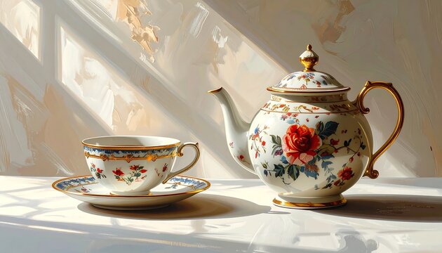 A still life of a teacup and teapot, adorned with floral patterns and gold accents, is set on a reflective surface. Light streams from a window