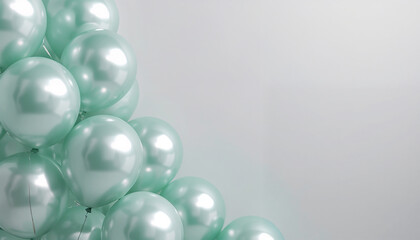 Fototapeta premium 金属光沢を帯びたミント色バルーンの集合、薄灰背景、人物なし