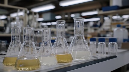 Beakers filled with liquids in a scientific research laboratory