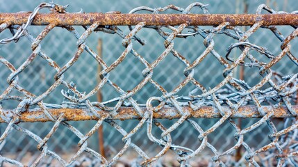 Close up of weathered and rusty chain link wire fencing with a diamond pattern in detail showing corrosion and texture outdoors