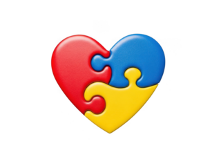 Autism awareness symbol puzzle heart in red blue and yellow colors isolated on transparent background