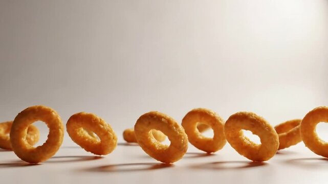 Golden fried onion rings arranged in a row on an isolated white background, appetizing and crispy snack food.