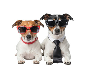 Two dogs wearing sunglasses and a tie sitting on transparent background looking cool