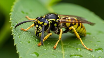 Fototapeta premium Close-up macro photo of a yellow and black wasp resting on a green leaf, showing detailed texture, sharp focus, and natural wildlife beauty.