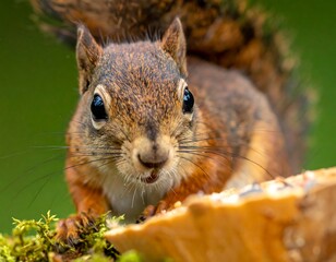 Obraz premium A close-up of a squirrel with brown fur and black eyes looking directly at the camera with a blurry green background