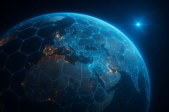 Global digital network of earth showing europe africa and asia glowing connection lines geographic map futuristic blue technology world data visualization concept night view - Powered by Adobe