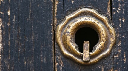 Close up of a tarnished brass keyhole on a weathered dark wooden door surface