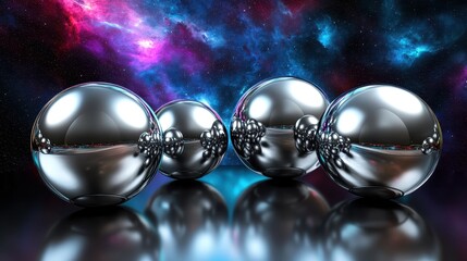 Collection of polished metallic spheres reflecting a vibrant nebula and galaxy