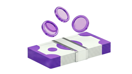 Purple Coins Floating Above Stack of Money