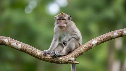 Obraz premium Wild monkey sitting calmly on a tree branch in a tropical forest, natural wildlife scene with soft green background and peaceful atmosphere.