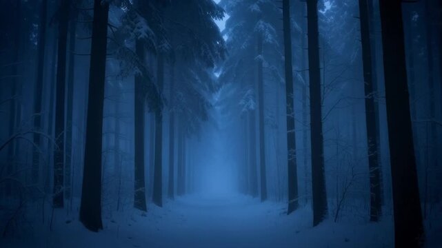 A serene snowy forest pathway under a misty blue night sky