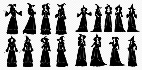 Naklejka premium Set of witch silhouettes in various poses, perfect for Halloween and fantasy designs.