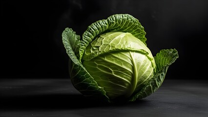 A whole green cabbage isolated against a dark black background with dramatic side lighting. 