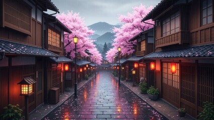 Naklejka premium Rainy night street with cherry blossoms