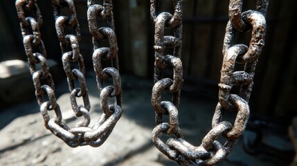 Close up of heavy rusted metal chains hanging limply showing signs of corrosion and age with textured links