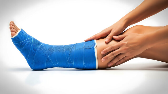 Person holding a leg with a blue cast and bandage medical desig