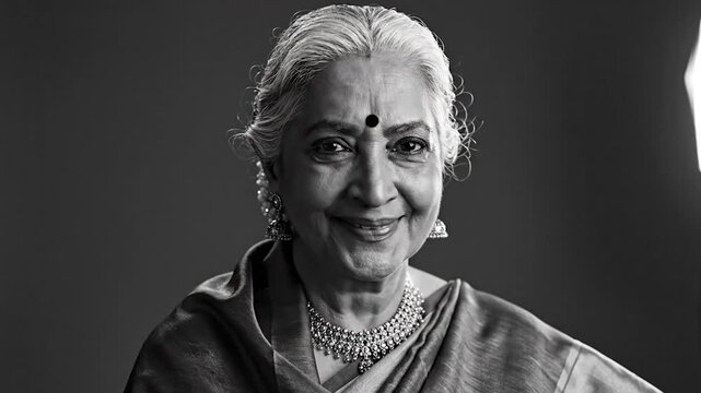 Elegant elderly woman with a bindi and pearl jewelry, smiling warmly