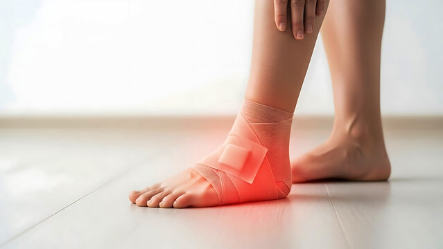 Person with bandaged ankle standing on a wooden floor injury foot skin
