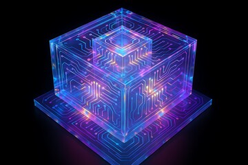 Neon glowing cube stacked in cyber environment with digital circuits showcasing futuristic data technology artificial intelligence innovation network and virtual computing system concept