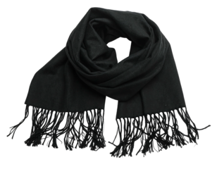 A draped black scarf with fringe, tied loosely in a knot