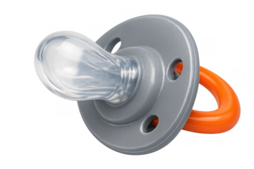 Baby pacifier with transparent silicone teat and gray shield and orange grip on transparent background