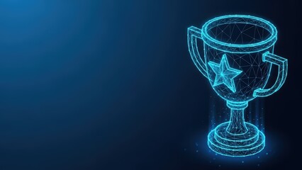Glowing polygonal award trophy with a star design against a dark blue digital background symbolizing victory and success